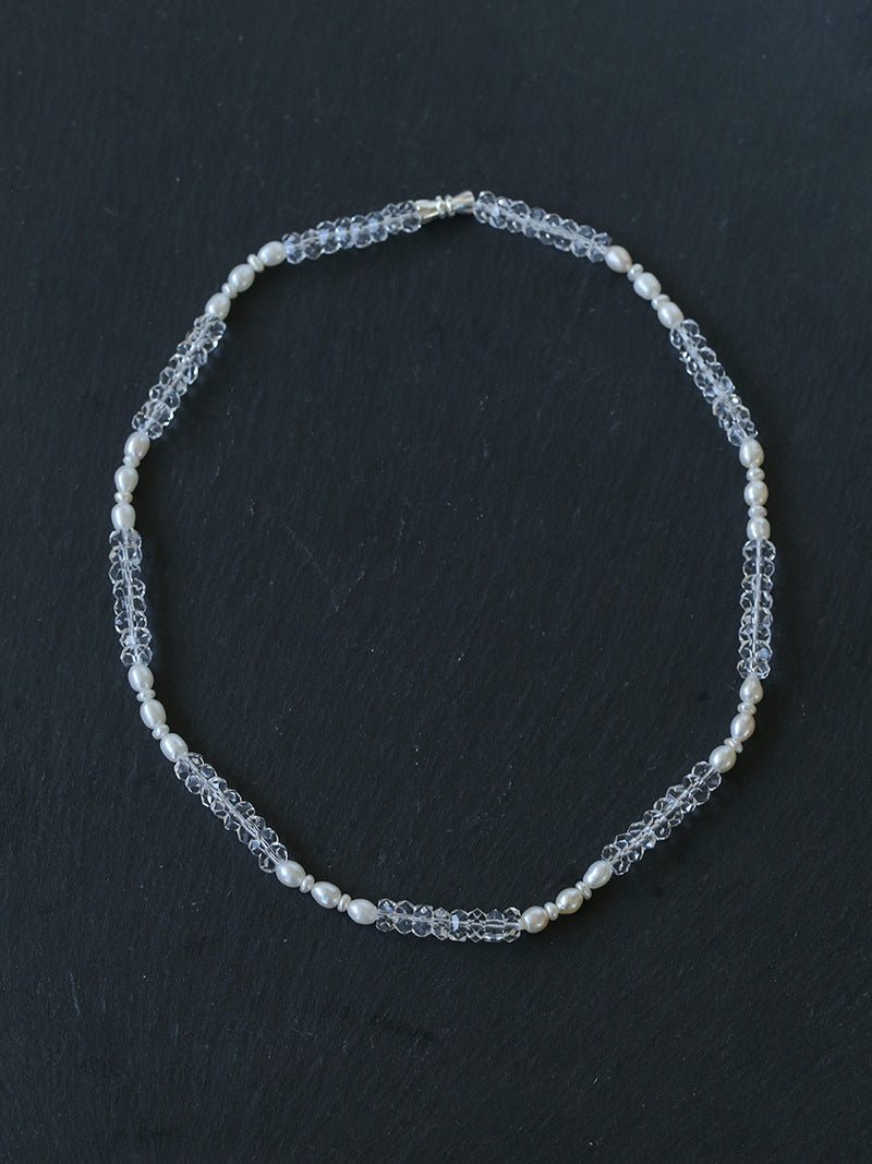 Minimalist Faceted Clear Quartz & Freshwater Pearl Beaded Necklace - floysun