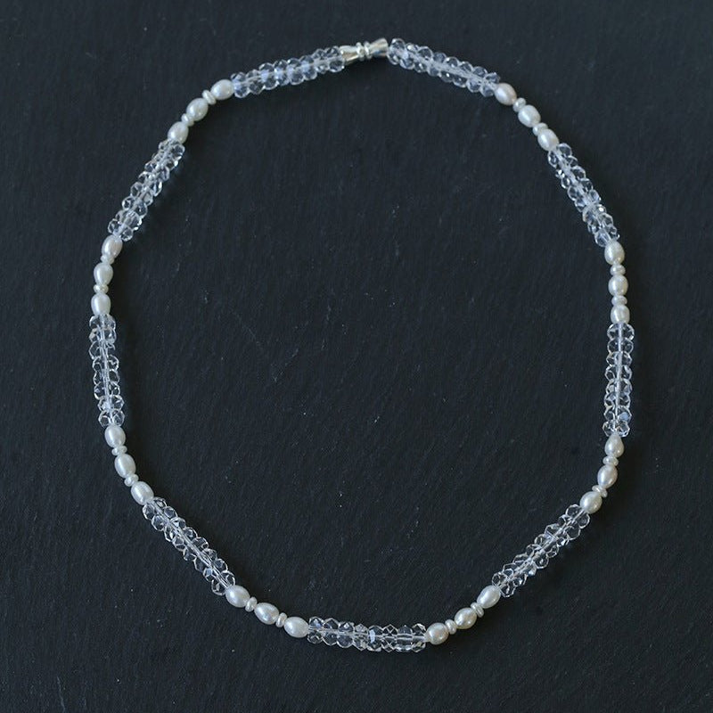 Minimalist Faceted Clear Quartz & Freshwater Pearl Beaded Necklace - floysun