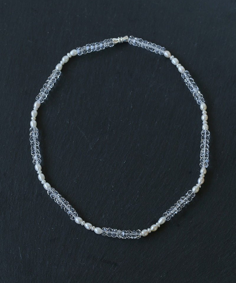 Minimalist Faceted Clear Quartz & Freshwater Pearl Beaded Necklace - floysun