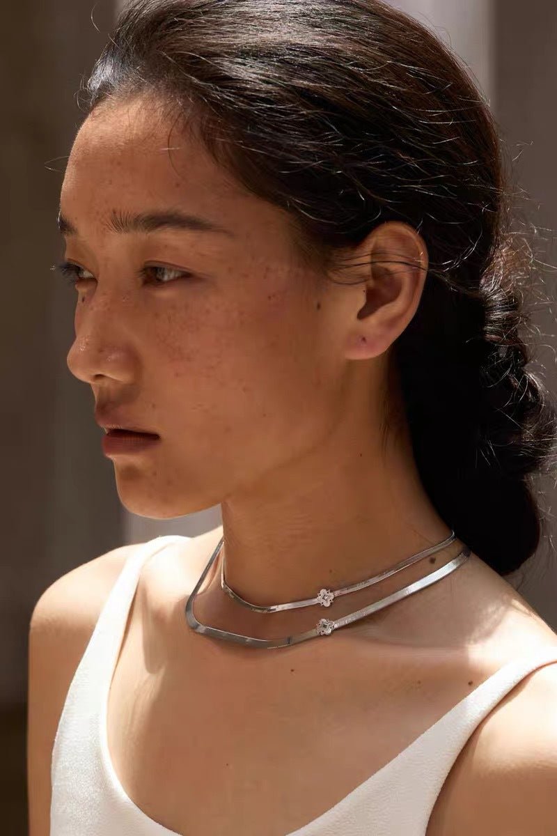 Minimalist Four - Leaf Clover Herringbone Chain Necklace - Sleek S925 Sterling Silver Liquid Snake Chain - floysun