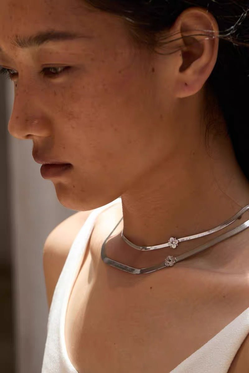Minimalist Four - Leaf Clover Herringbone Chain Necklace - Sleek S925 Sterling Silver Liquid Snake Chain - floysun