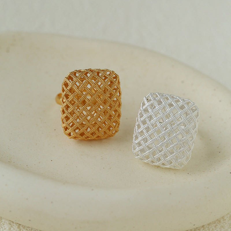 Minimalist Geometric Openwork Grid Statement Ring - Adjustable Architectural Mesh Band Ring - floysun