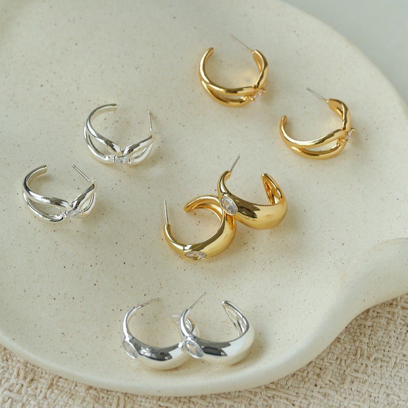 Minimalist Metal C-Hoop Cubic Zirconia Earrings - floysun