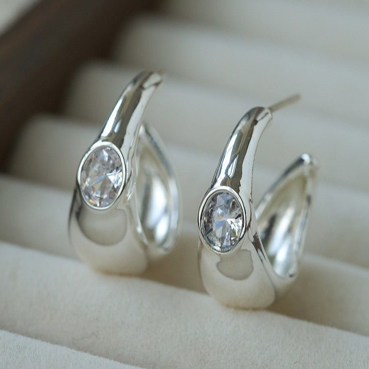 Minimalist Metal C-Hoop Cubic Zirconia Earrings - floysun