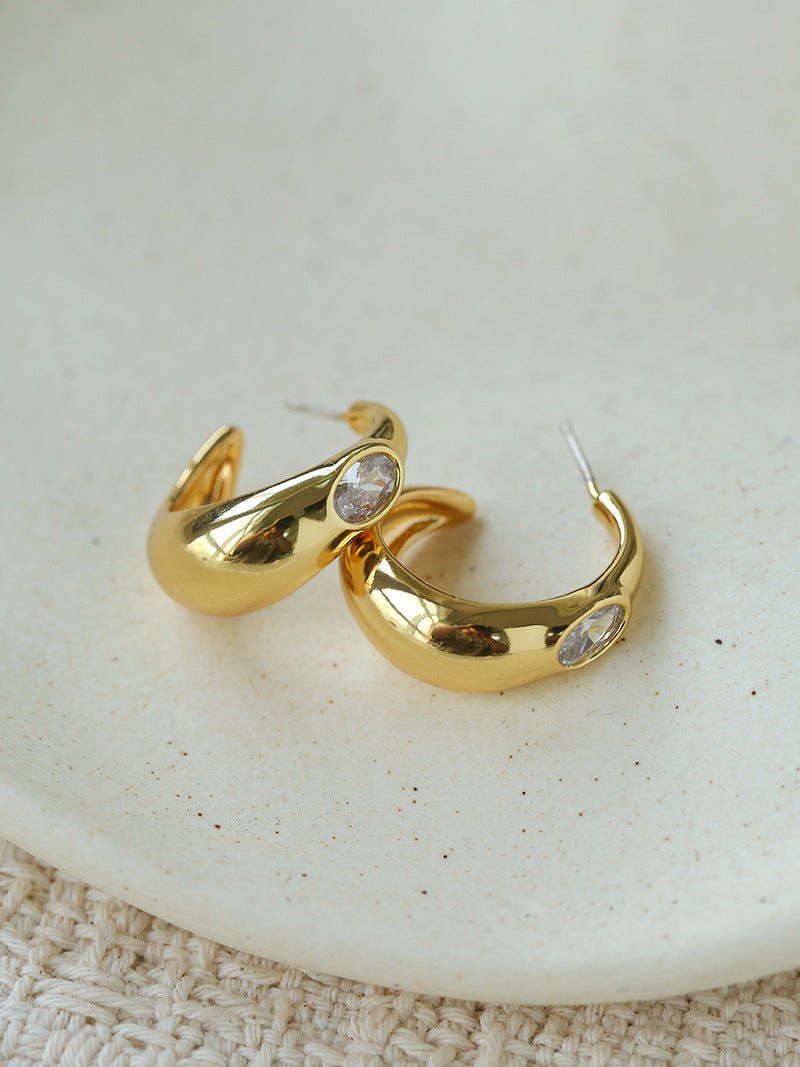 Minimalist Metal C-Hoop Cubic Zirconia Earrings - floysun