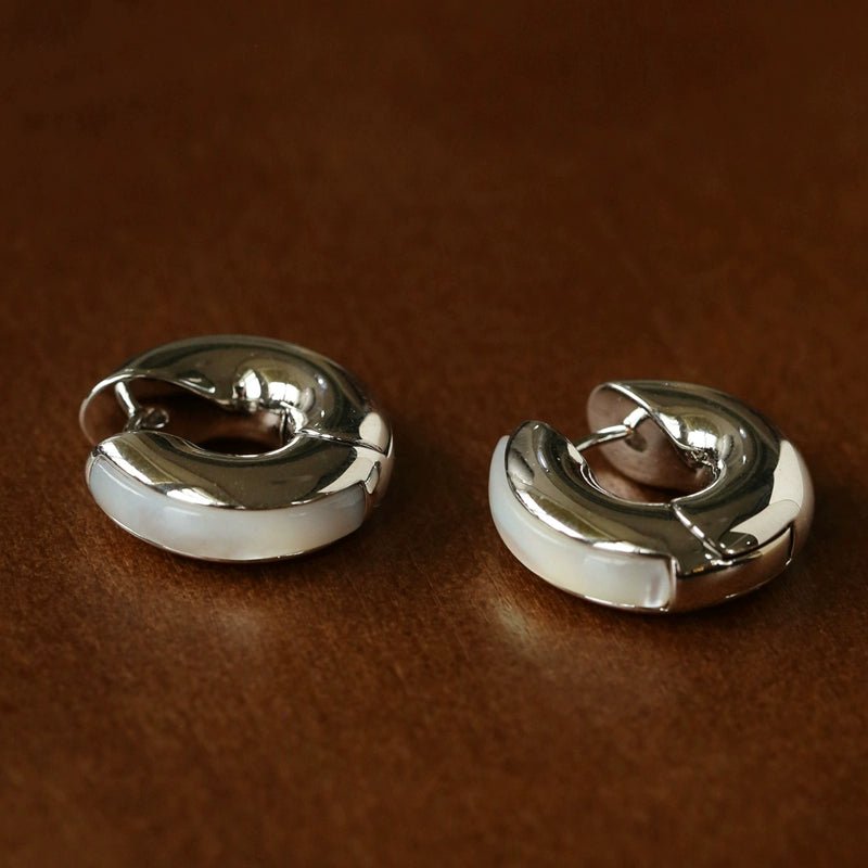 Minimalist Metal Hoop Earrings with Black Onyx & White Mother - of - Pearl - floysun