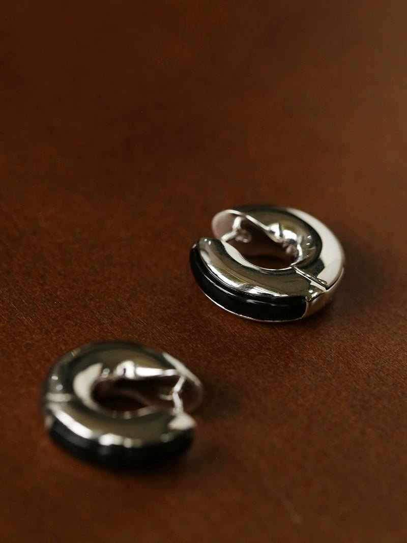 Minimalist Metal Hoop Earrings with Black Onyx & White Mother - of - Pearl - floysun