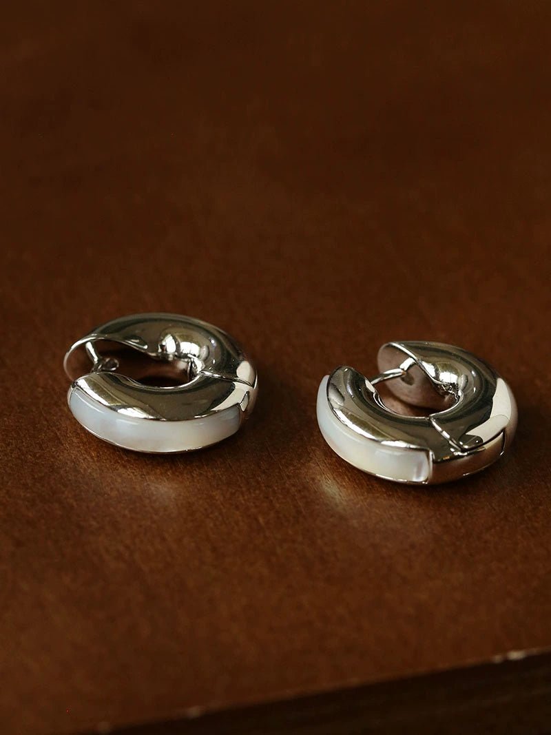 Minimalist Metal Hoop Earrings with Black Onyx & White Mother - of - Pearl - floysun