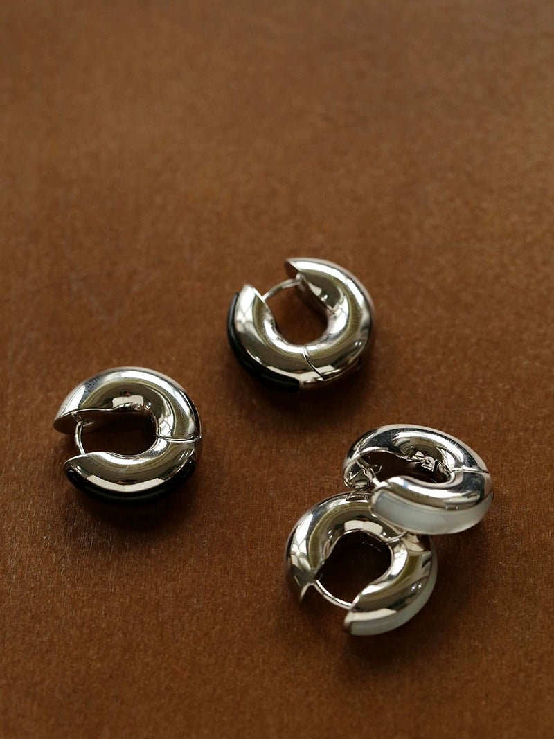 Minimalist Metal Hoop Earrings with Black Onyx & White Mother - of - Pearl - floysun