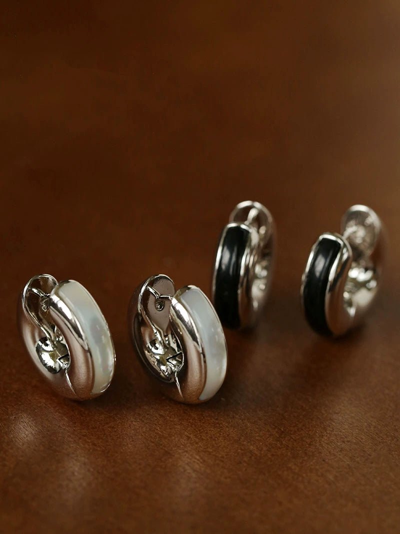 Minimalist Metal Hoop Earrings with Black Onyx & White Mother - of - Pearl - floysun