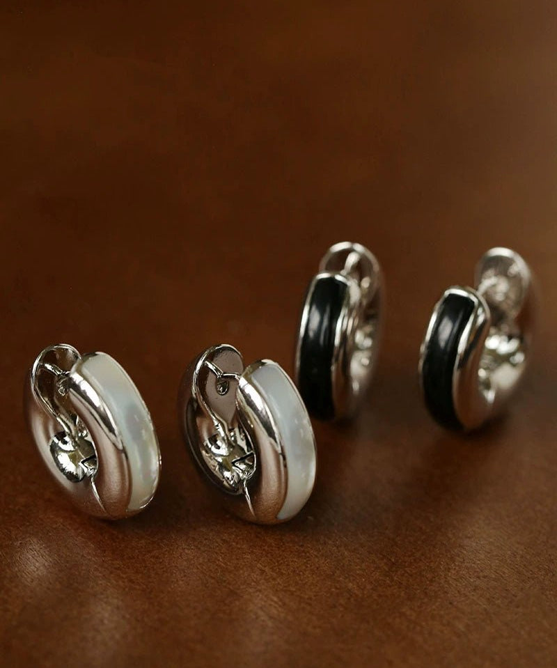 Minimalist Metal Hoop Earrings with Black Onyx & White Mother - of - Pearl - floysun