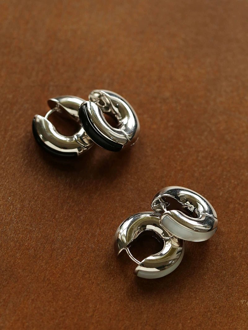 Minimalist Metal Hoop Earrings with Black Onyx & White Mother - of - Pearl - floysun