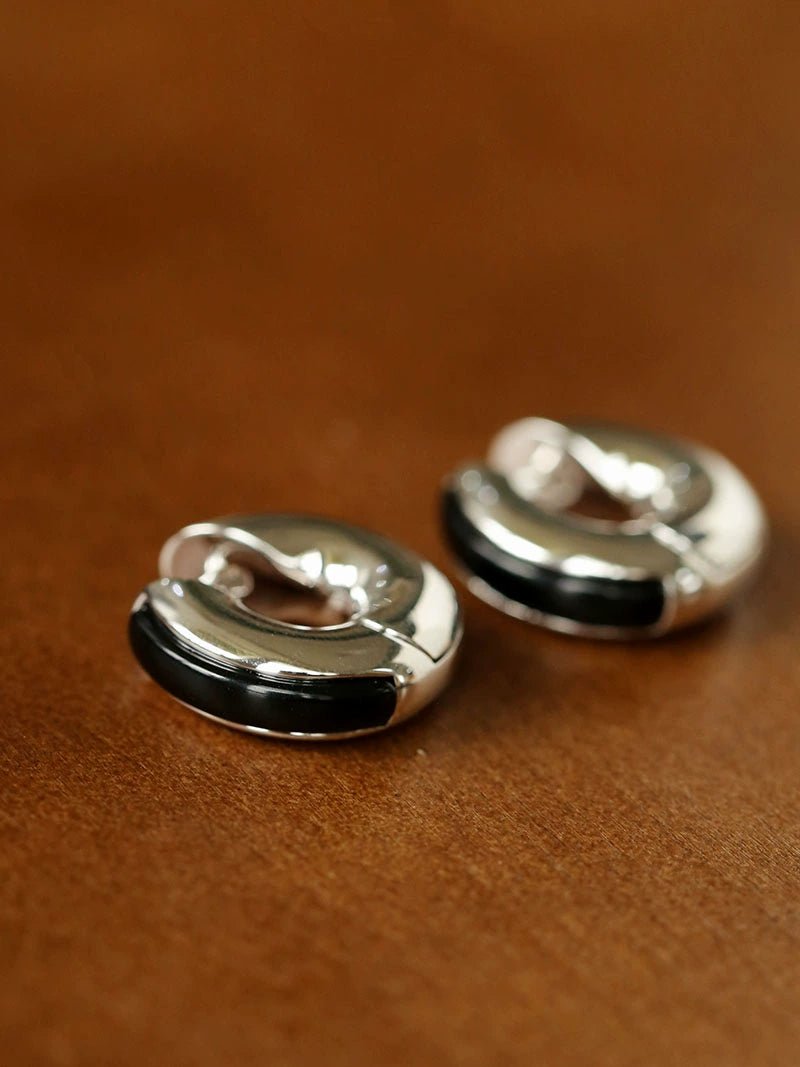 Minimalist Metal Hoop Earrings with Black Onyx & White Mother - of - Pearl - floysun