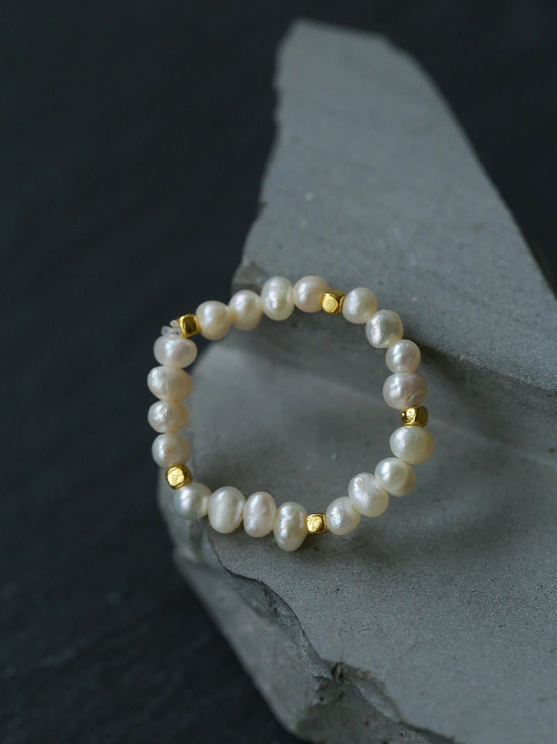 Minimalist Micro Pearl Stackable Ring - Vintage 18K Gold Faceted Band - floysun