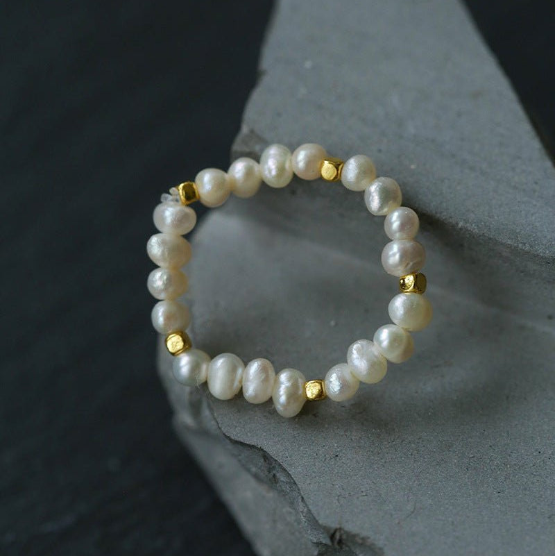 Minimalist Micro Pearl Stackable Ring - Vintage 18K Gold Faceted Band - floysun