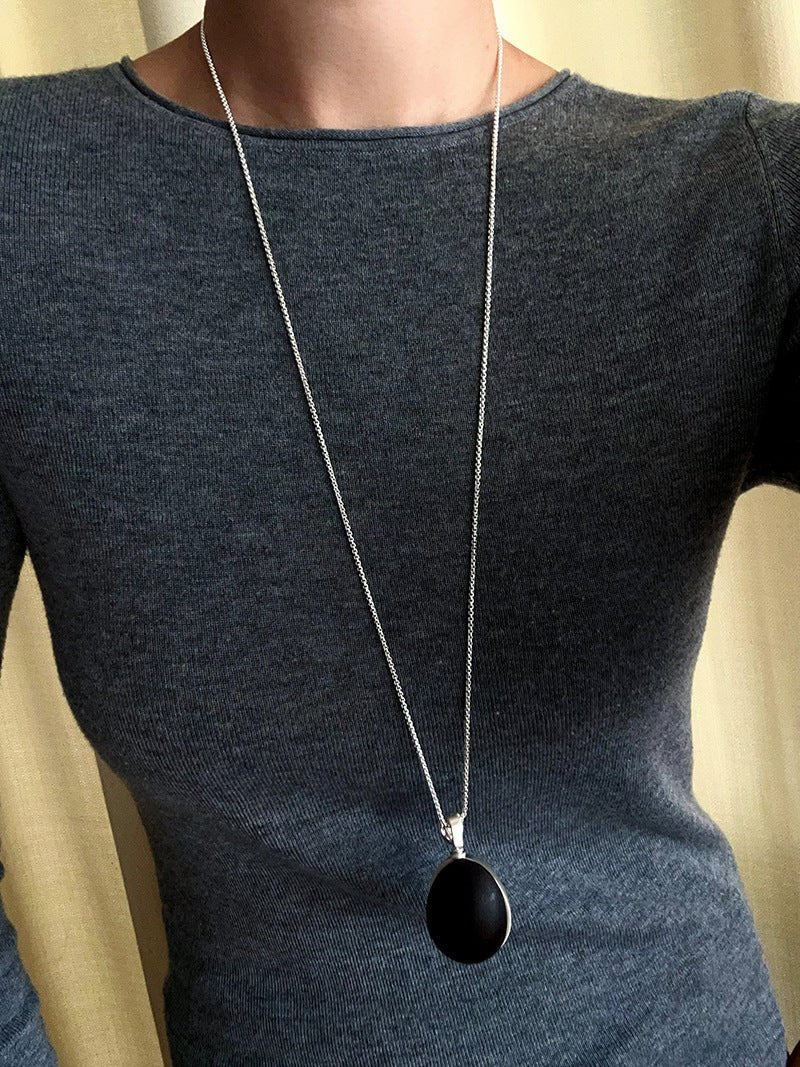 Minimalist Oval Brushed Ebony Magnetic Long Necklace - floysun