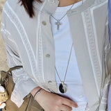 Minimalist Oval Brushed Ebony Magnetic Long Necklace - floysun