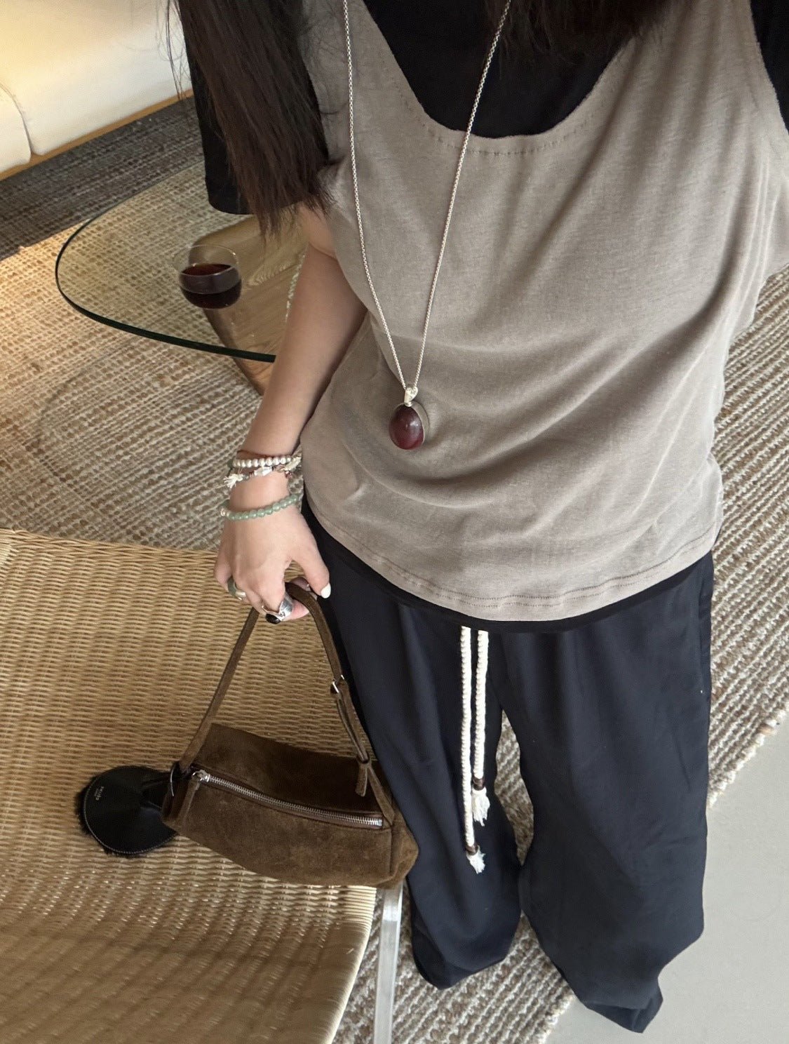 Minimalist Oval Brushed Ebony Magnetic Long Necklace - floysun