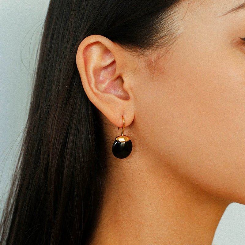 Minimalist Oval Drop Earrings with Black Onyx / White Mother - of - Pearl - floysun