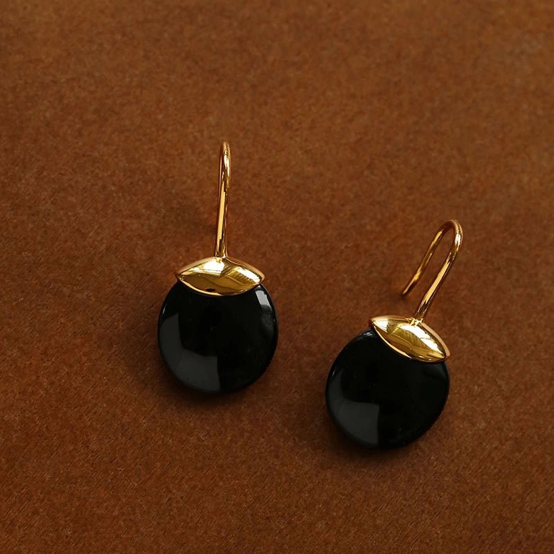 Minimalist Oval Drop Earrings with Black Onyx / White Mother - of - Pearl - floysun