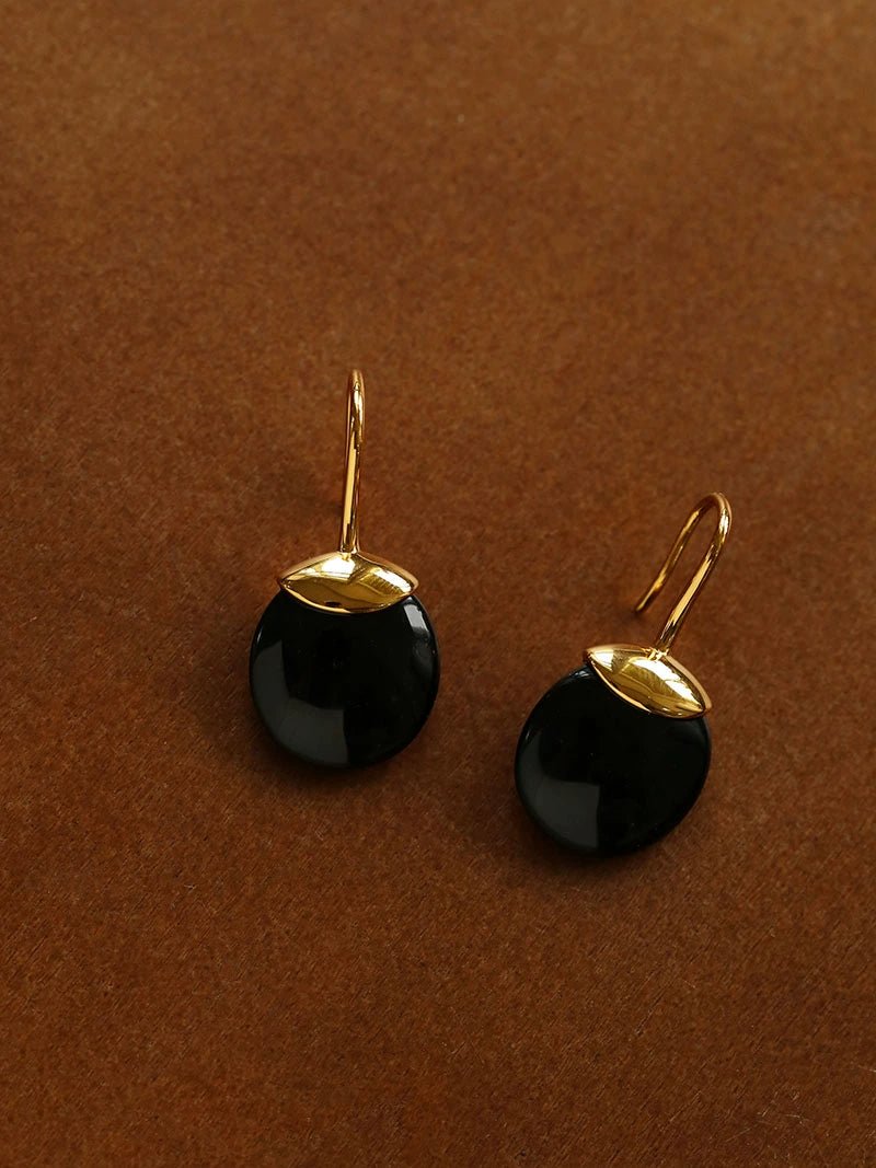 Minimalist Oval Drop Earrings with Black Onyx / White Mother - of - Pearl - floysun
