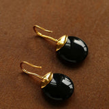 Minimalist Oval Drop Earrings with Black Onyx / White Mother - of - Pearl - floysun