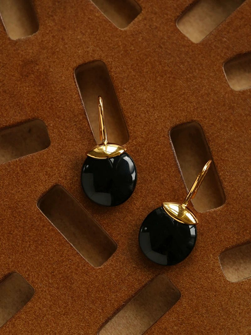 Minimalist Oval Drop Earrings with Black Onyx / White Mother - of - Pearl - floysun