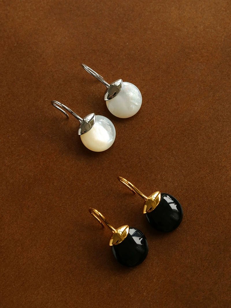 Minimalist Oval Drop Earrings with Black Onyx / White Mother - of - Pearl - floysun