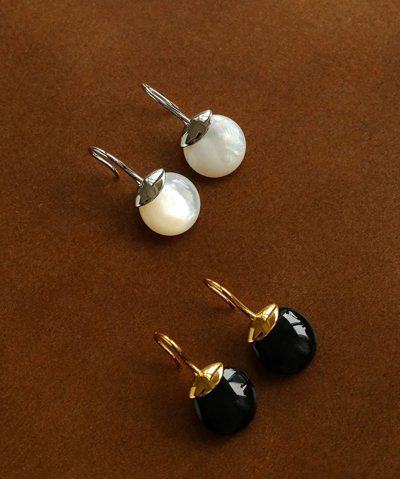 Minimalist Oval Drop Earrings with Black Onyx / White Mother - of - Pearl - floysun