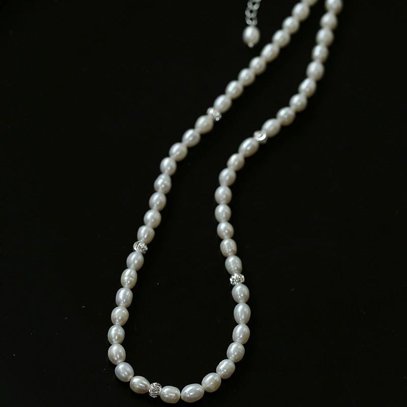Minimalist Rice Freshwater Pearl Silver Bean Necklace - Rice Pearl - floysun