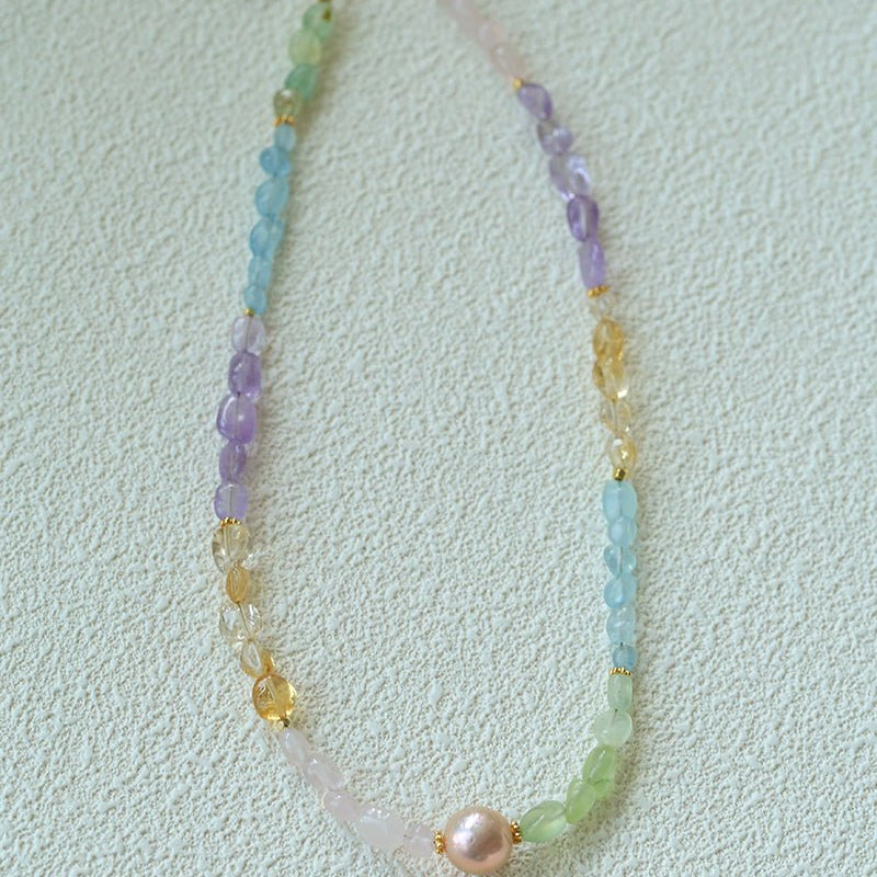 Mint Fizz Candy Crystal Beaded Necklace – Mixed Gemstone & Baroque Pearl - floysun