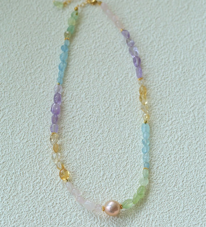 Mint Fizz Candy Crystal Beaded Necklace – Mixed Gemstone & Baroque Pearl - floysun