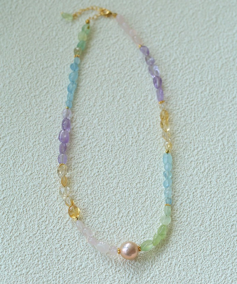 Mint Fizz Candy Crystal Beaded Necklace – Mixed Gemstone & Baroque Pearl - floysun