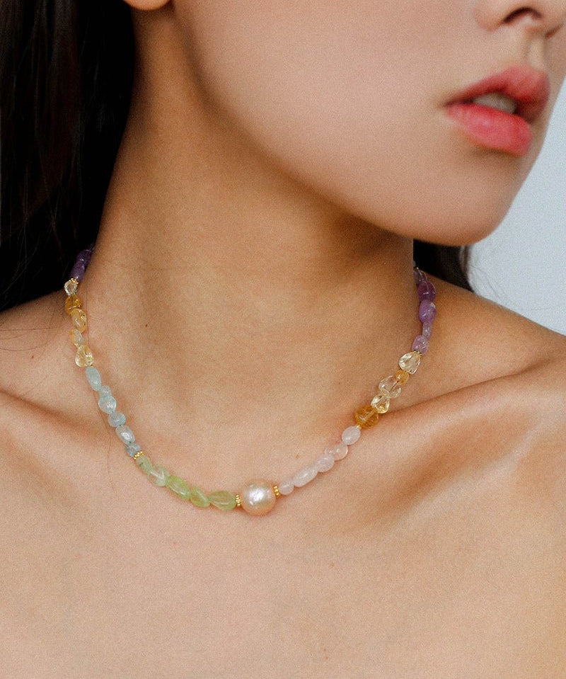 Mint Fizz Candy Crystal Beaded Necklace – Mixed Gemstone & Baroque Pearl - floysun