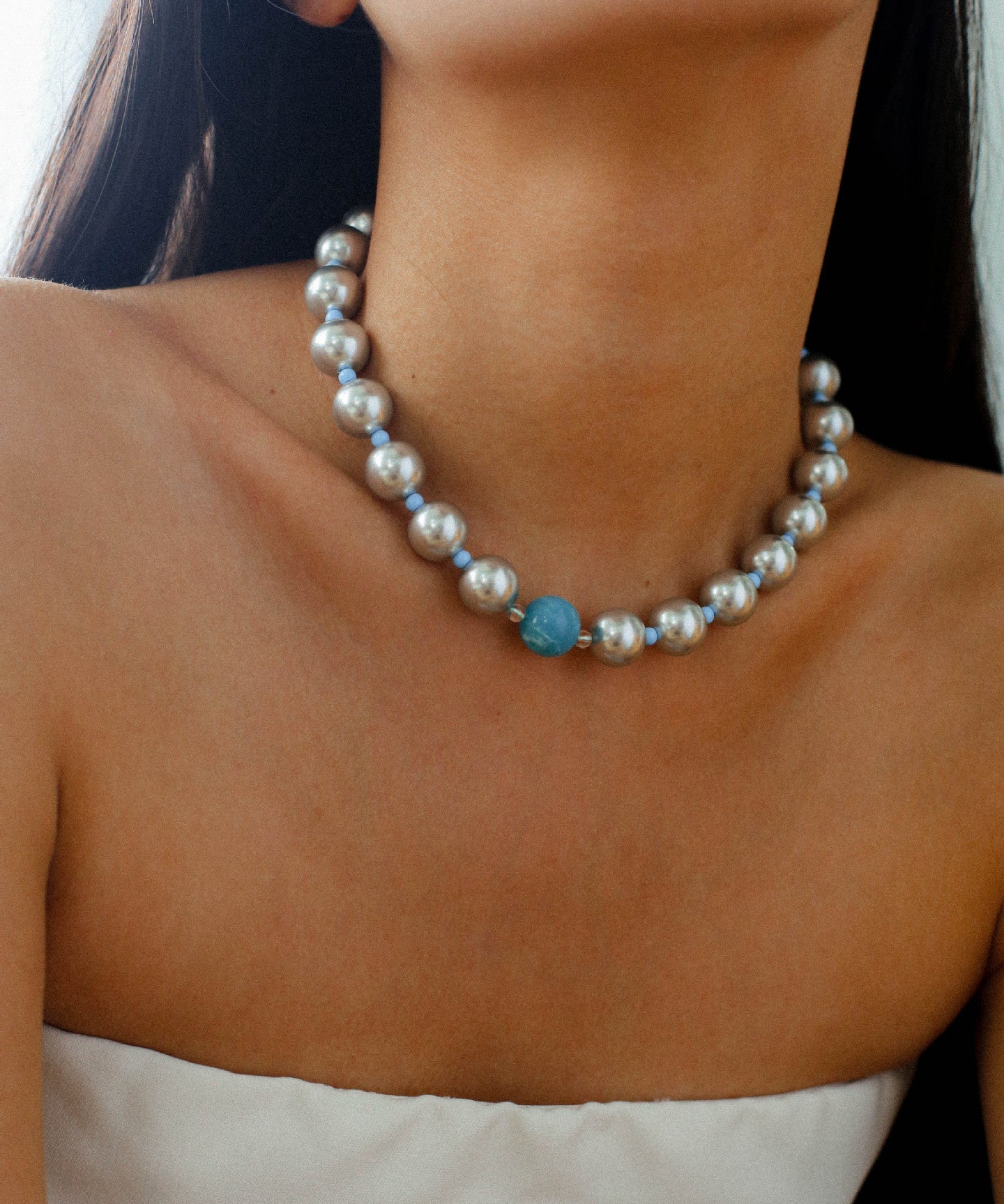 Misty Sky · Grey Pearl & Blue Aventurine Necklace - floysun