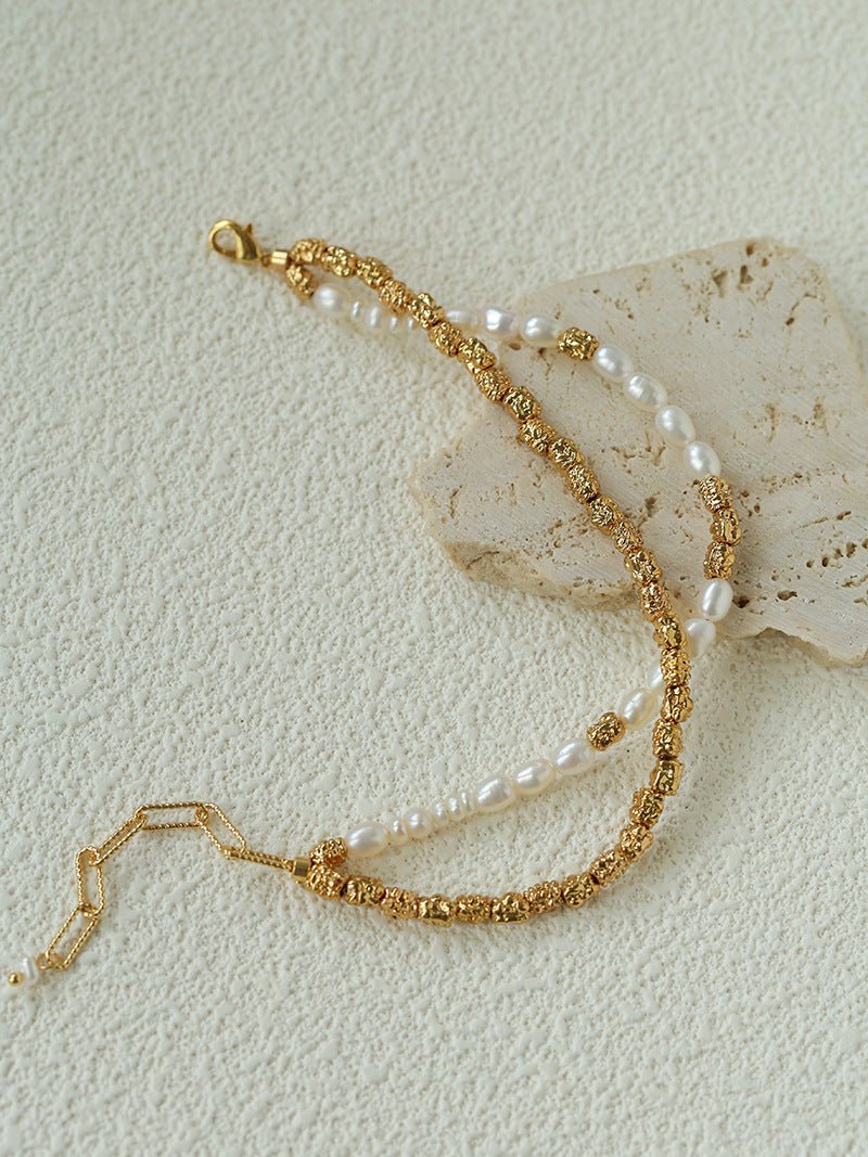 Mixed Freshwater Pearl Lava Grain Gold Stack Bracelet - floysun