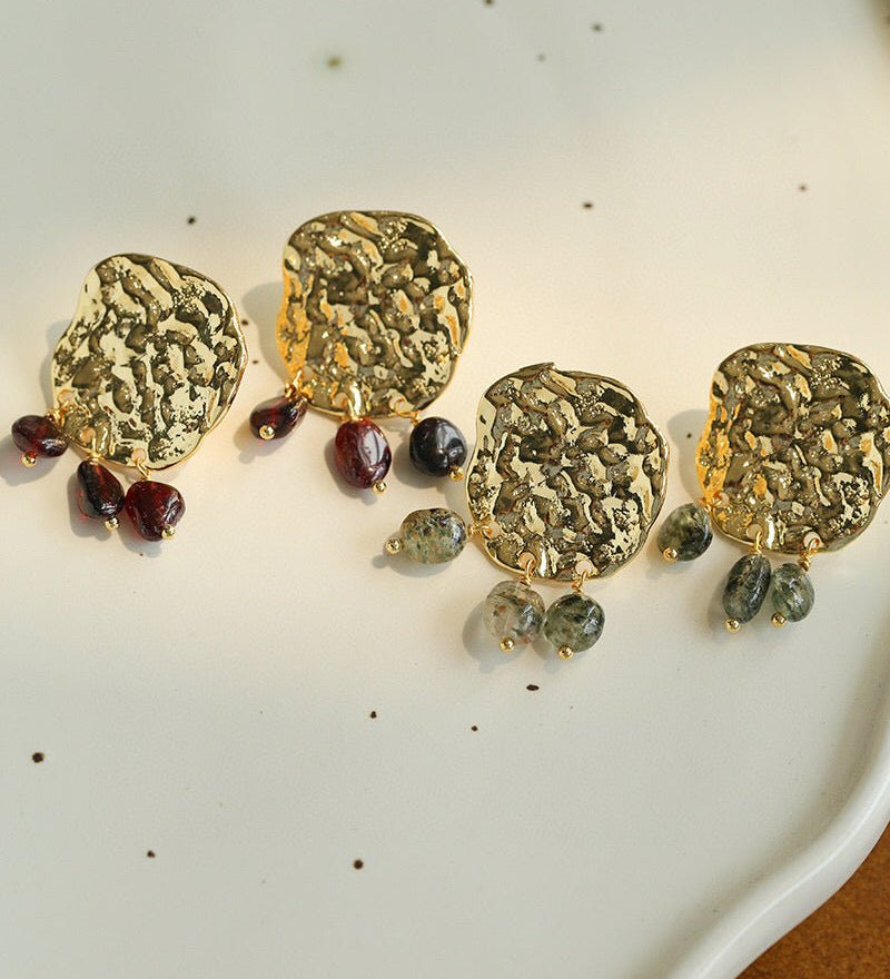 Molten Muse Textured Metal Garnet / Moss Agate Earrings - floysun