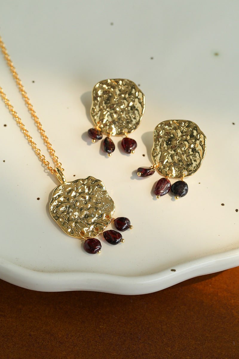 Molten Muse Textured Metal Garnet / Moss Agate Earrings - floysun