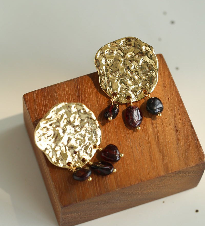 Molten Muse Textured Metal Garnet / Moss Agate Earrings - floysun