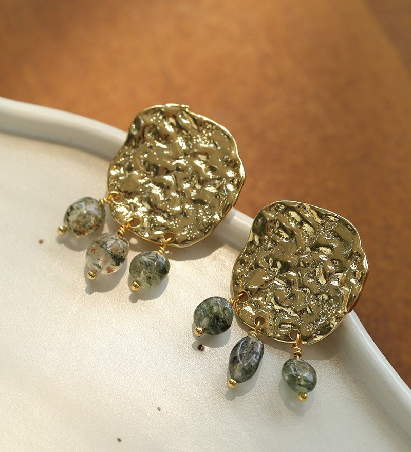 Molten Muse Textured Metal Garnet / Moss Agate Earrings - floysun