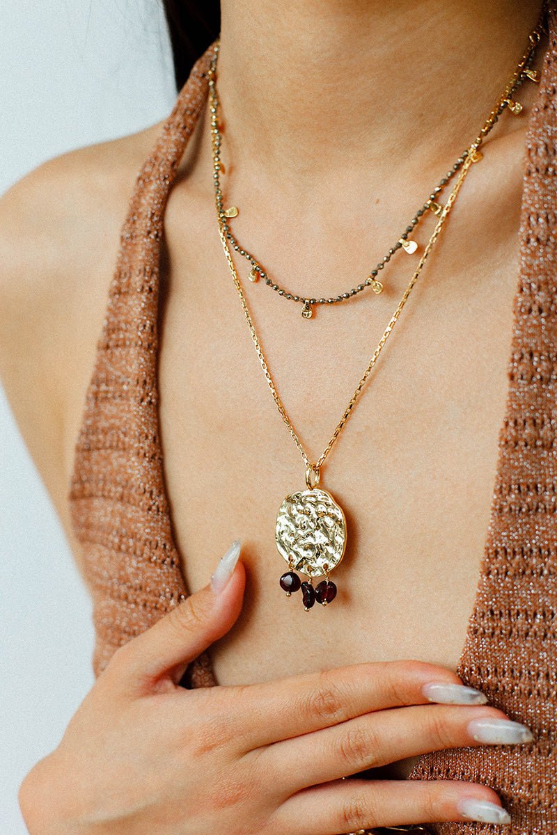 Molten Muse Textured Metal Garnet / Moss Agate Pendant Necklace - floysun