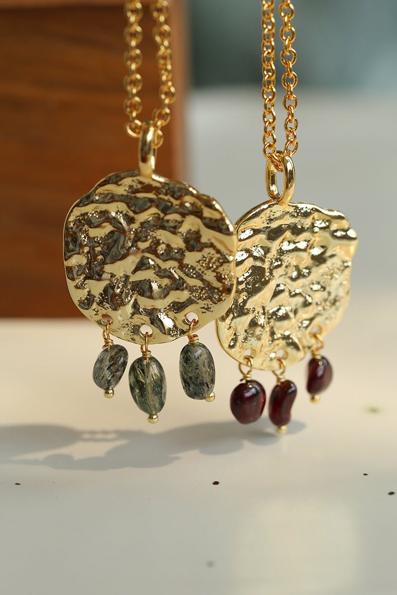 Molten Muse Textured Metal Garnet / Moss Agate Pendant Necklace - floysun