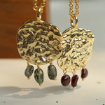 Molten Muse Textured Metal Garnet / Moss Agate Pendant Necklace - floysun