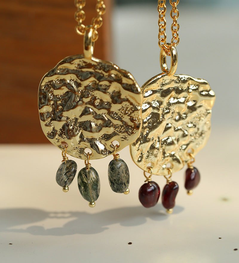 Molten Muse Textured Metal Garnet / Moss Agate Pendant Necklace - floysun