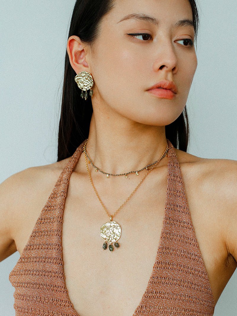 Molten Muse Textured Metal Garnet / Moss Agate Pendant Necklace - floysun