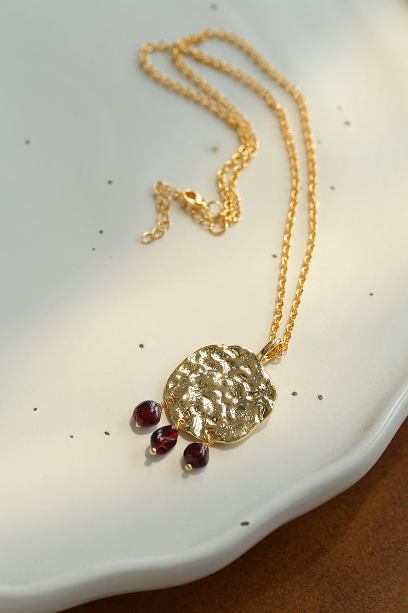 Molten Muse Textured Metal Garnet / Moss Agate Pendant Necklace - floysun