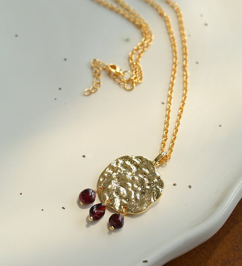 Molten Muse Textured Metal Garnet / Moss Agate Pendant Necklace - floysun