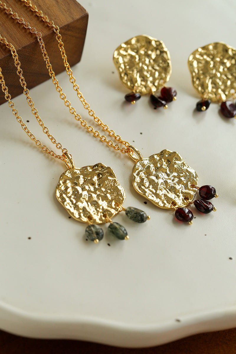 Molten Muse Textured Metal Garnet / Moss Agate Pendant Necklace - floysun