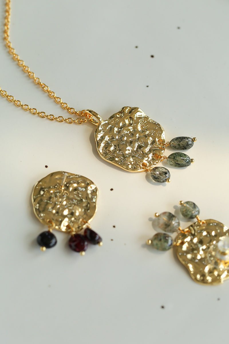 Molten Muse Textured Metal Garnet / Moss Agate Pendant Necklace - floysun