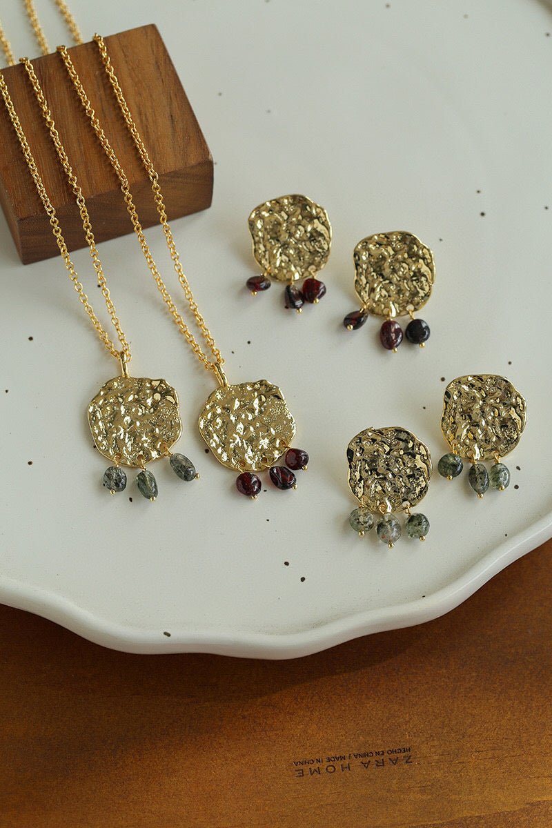 Molten Muse Textured Metal Garnet / Moss Agate Pendant Necklace - floysun